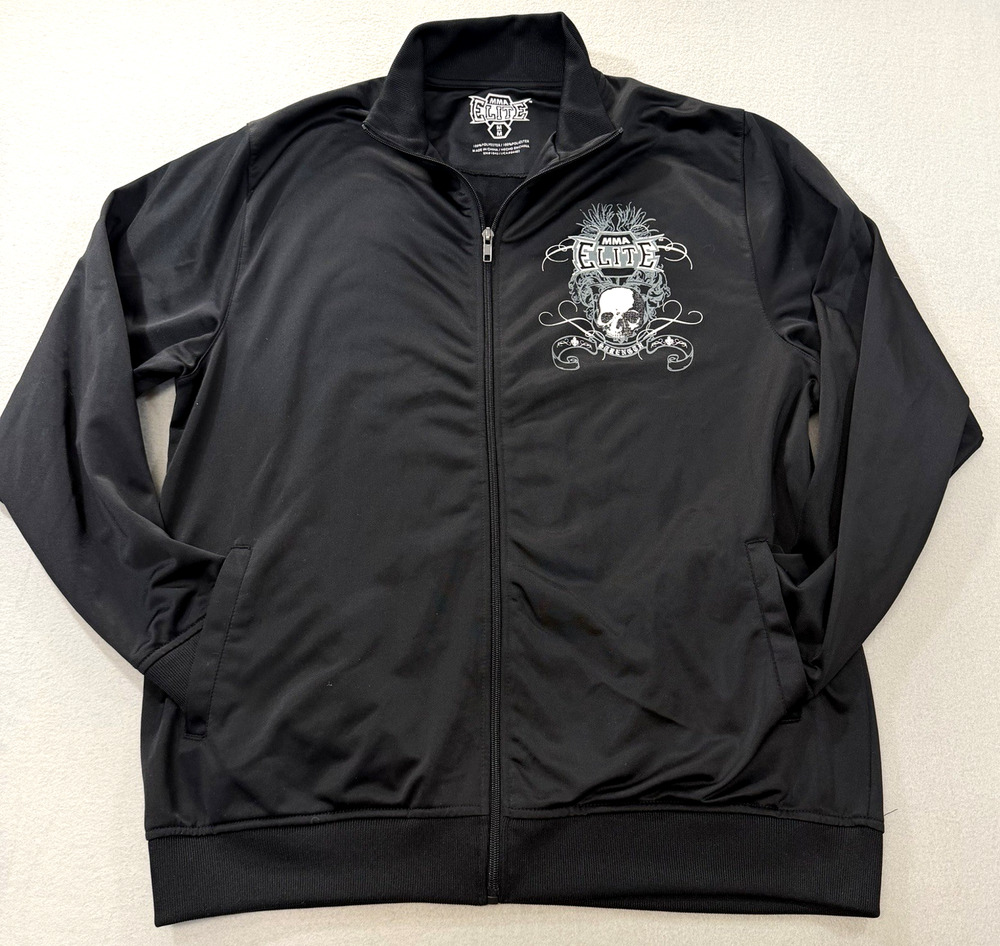 MMA Elite Jacket Mens Medium Black Full Zip Track Skull Graphic Strength Logo